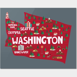 Washington State USA Illustrated Map Posters and Art